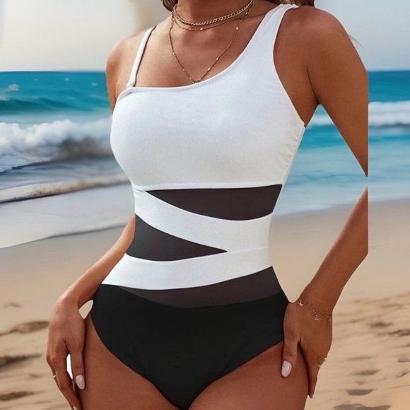 Blooming Jelly Womens One Shoulder Mesh One Piece Swimsuit M Black White Slimmin - Picture 2 of 6